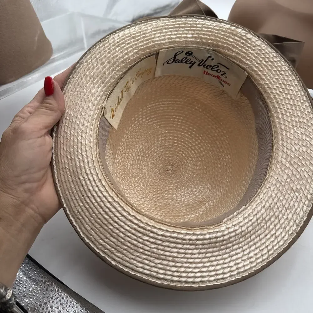 Vintage Sally Victor Headlines Women’s Straw Hat – Brown & Cream with Ribbon Bow